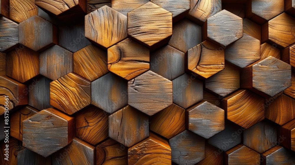 Poster this image features golden and grey wooden hexagons in an artistic layout, creating a visually strik