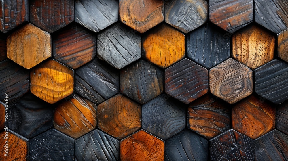Poster this image showcases dark and vibrant-toned wooden hexagons arranged in a sophisticated pattern, off