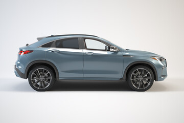 Fototapeta premium Right side view of blue car SUV on white background, 3D rendered high quality image.