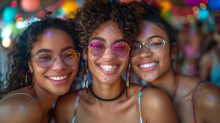 Fototapeta premium Three young women, smiling widely in close-up, adorned with glitter and glasses, are seen enjoying themselves at a vibrant festival, with colorful lights and decorations in the back.