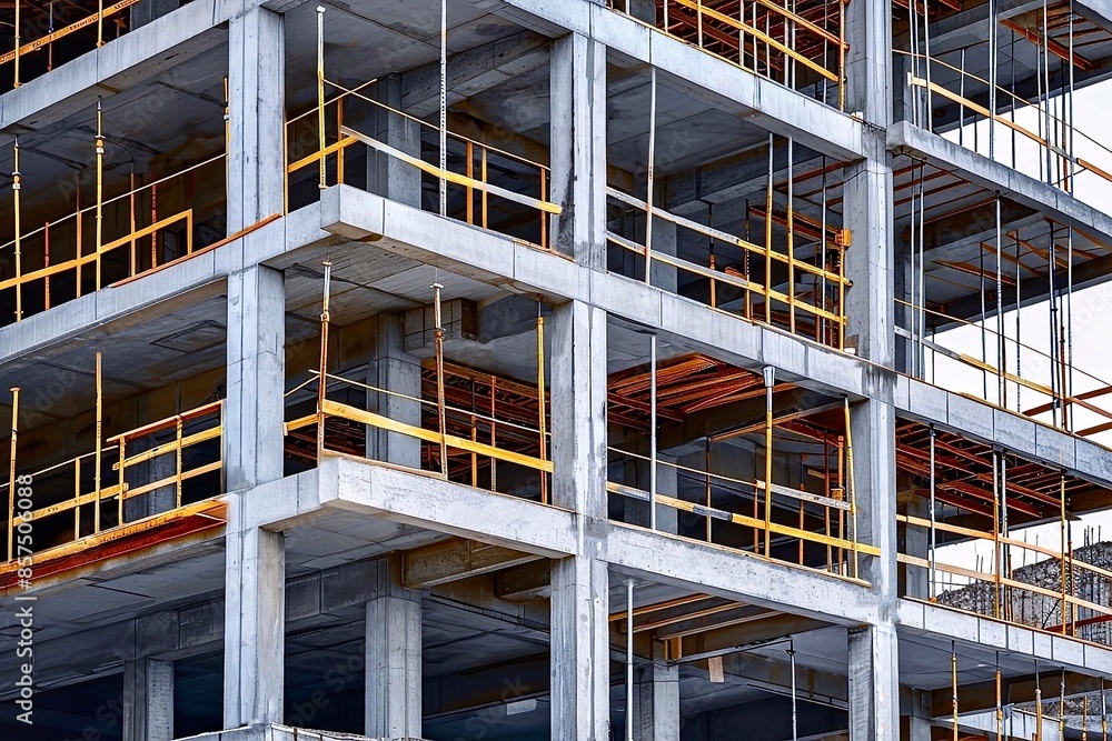 Poster large building under construction with yellow scaffolding and concrete blocks