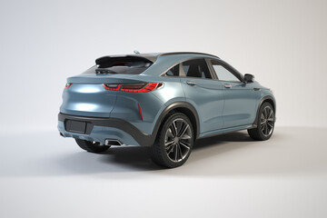 Fototapeta premium Right rear view of blue car SUV on white background, 3D rendered high quality image.