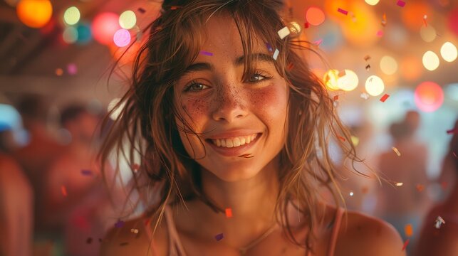 A woman with freckles and a beaming smile is surrounded by playful, colorful lights, creating a joyous and lively atmosphere filled with excitement and fun.