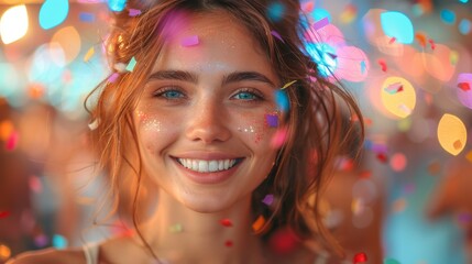 Naklejka premium A cheerful woman smiling brightly, her face sparingly covered with glitter, surrounded by a cascade of colorful confetti, against a backdrop of bright festive lights.