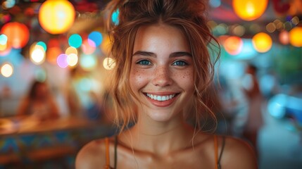 Fototapeta premium A young freckled woman smiling brightly, standing against a colorful festive backdrop full of lights and decorations, capturing a vibrant and joyful moment of celebration.