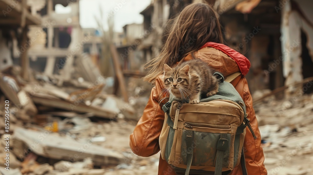 Sticker Back view of a young girl with a kitten sticking out of his back pack walking through a war zone