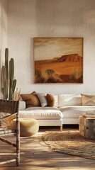 Cozy living room interior with desert painting and natural elements, warm sunlight. Modern and inviting home decor concept