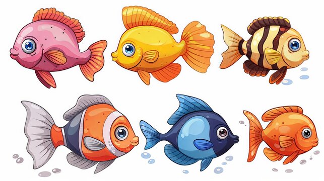 Six cartoon-styled tropical fish in vibrant colors and unique patterns are illustrated, showcasing various shapes and expressions, set against a white background.