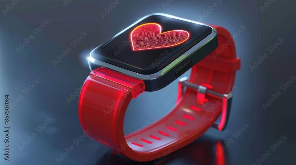 Poster a red smartwatch with a black display showing a glowing red heart shape, representing heart rate mon