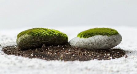 Two Moss-Covered Rocks on Sand