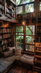 Cozy reading nook with bookshelves in wooden treehouse