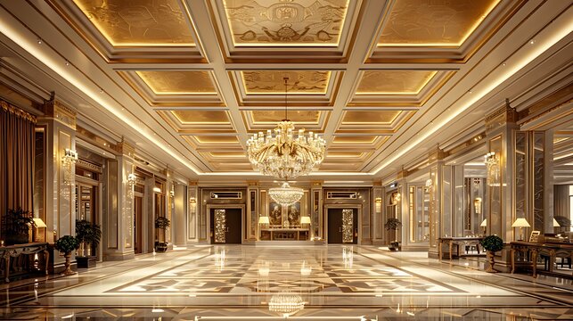 luxury hotel lobby with an intricate coffered ceiling, adorned with gold leaf and crystal chandeliers, providing a grand and opulent welcome to guests