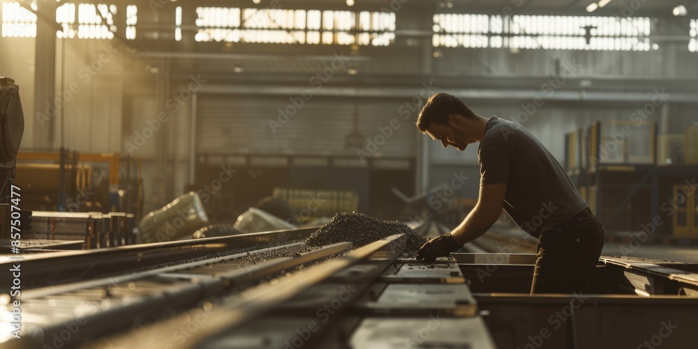Poster skilled industrial worker loading product in production line at factory. professional project manage