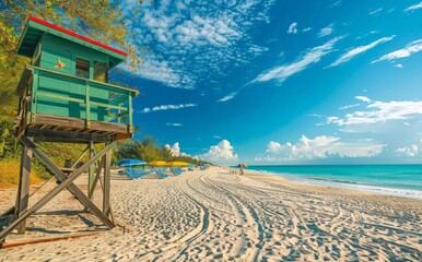 Obraz premium Elegant Beach Scene with Lifeguard Tower and Turquoise Waters