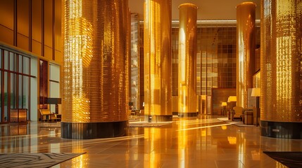 luxury hotel lobby with grand pillars clad in golden mosaic tiles, reflecting light and creating a warm, welcoming ambiance for guests