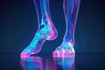 Digital rendering of feet's skeletal system with highlighted joint pain, fungal infection, and various foot conditions, suitable for orthopedic and medical applications. High quality illustration
