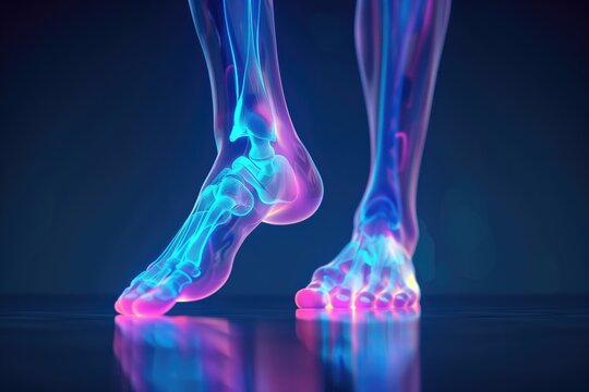 Digital rendering of feet's skeletal system with highlighted joint pain, fungal infection, and various foot conditions, suitable for orthopedic and medical applications. High quality illustration
