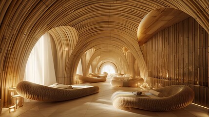 luxury spa's relaxation room with a bamboo ceiling that curves gently downward, creating a calming,...