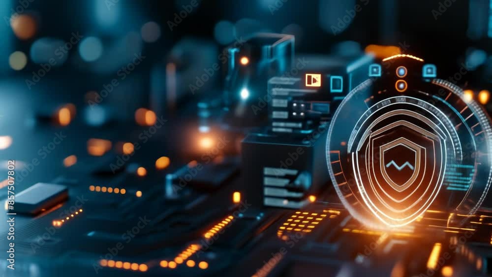 Poster futuristic cybersecurity shield icon hologram on digital interface with circuit board elements for d