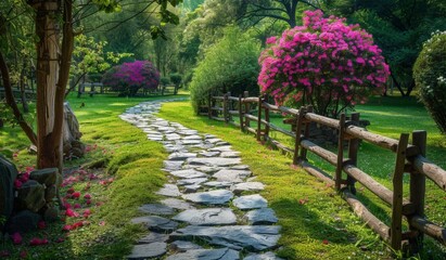 Obraz premium Peaceful Garden Path with Stone Steps and Flowering Trees