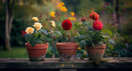 Colorful Flower Garden: Vintage Style Ceramic Pots with Fresh Flowers in a Lush Garden Setting
