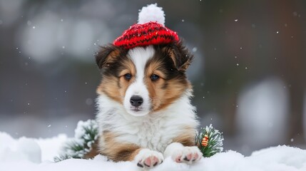 Cute Puppy in a Red Hat in the Snow