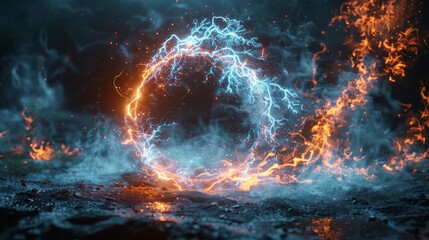 A blazing ring intertwined with electricity and flames is depicted, surrounded by an ethereal and dynamic environment, capturing themes of energy, mystery, and raw power.