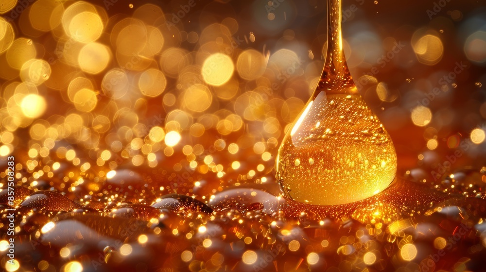 Aufkleber a golden liquid drop captured mid-splash, creating a stunning bokeh effect in the background. this a