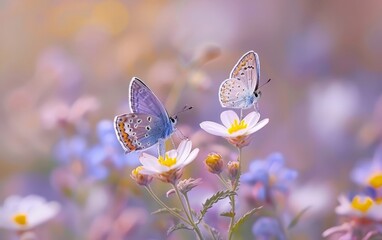 Two Blue Butterflies on Purple Flowers