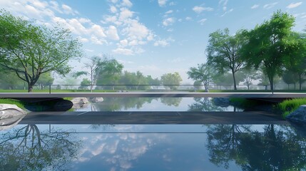 Fototapeta premium minimalist bridge over a tranquil pond in a public park, designed with clean lines and without handrails to offer an unobstructed view of the natural setting