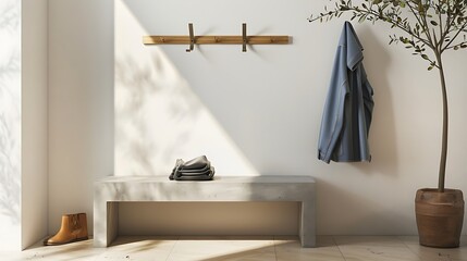 minimalist entryway bench made from polished concrete, paired with a simple yet elegant wooden coat rack, creating a clean and functional entrance in a modern home