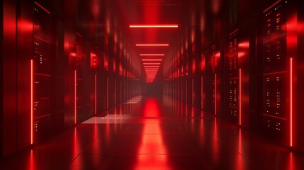 Modern data center server corridor with red neon lights, futuristic technology concept