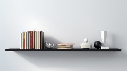 minimalist floating shelf displaying a curated selection of books and modern sculptures, against a stark white wall in a contemporary living space