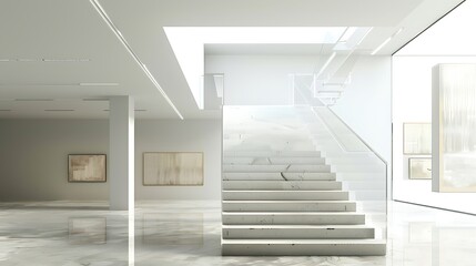 minimalist staircase in a modern art museum, designed with glass and white steel to emphasize the artworks without overwhelming the architectural space itself