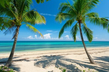Obraz premium Tropical Beach Scenery: Palm Trees, Clear Water, Serene Coastline