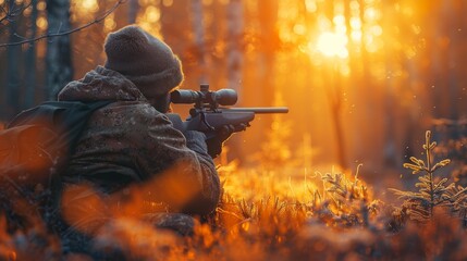A hunter in camouflage gear aiming through the scope of a rifle, positioned in a sunlit autumn forest with the sun casting a golden glow on the ferns.