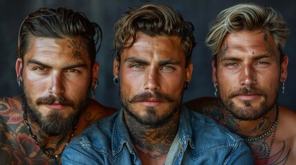 Obraz premium Three men with tattoos and denim shirts present bold and assertive looks, portraying a cultural blend of ruggedness and modern fashion with a strong sense of individuality.