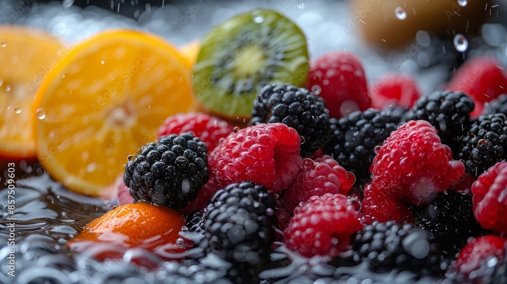 Poster a dynamic composition of fresh berries and citrus slices splashing in clear water, highlighting thei