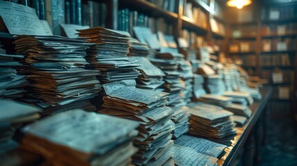 An image depicting stacks of old paper documents in a historical library setting, showcasing the richness of history and knowledge preserved in these aged papers.