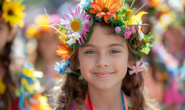 Smiling girl wearing a colorful flower wreath. Smiling girl wearing a colorful flower wreath at a festival.Concept for summer celebration Feria de las Flores,Children's Day.

