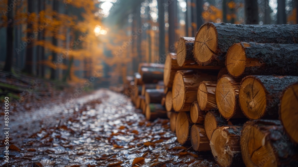 Poster logs are neatly stacked along a forest path, surrounded by autumn foliage, creating a rustic and ser