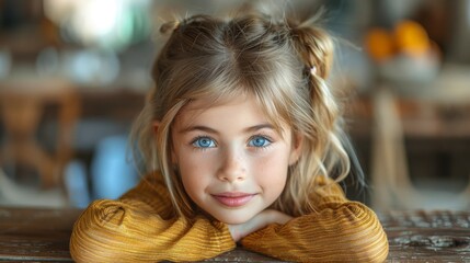 Fototapeta premium A serene-looking girl with brilliant blue eyes and loose pigtails, wearing a mustard yellow sweater, leaning on a table in a warmly lit room.
