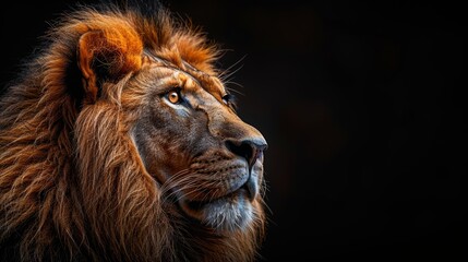 Fototapeta premium A side profile image of a majestic lion against a dark background emphasizes the animal's regal and powerful aura, highlighting its detailed mane and sharp features.