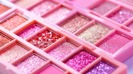 A_row_of_small_pink_eyeshadow_palettes_with_glittery_eyes_shadow_Make Up Product