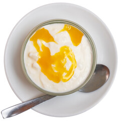 Healthy breakfast, light and hearty dietary snack - cottage cheese with honey. Isolated over white...