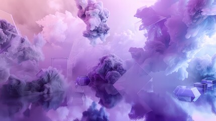 An ethereal mix of purple and ice blue smoke, with 3D hexagons and boxes floating like icebergs in a misty sea