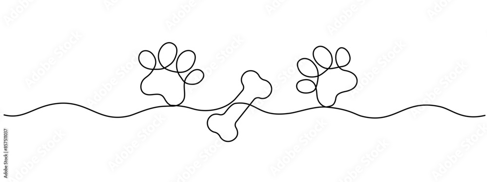 Poster drawing of a dog's paw and bone with a continuous line. paw print with bone with one editable line. 