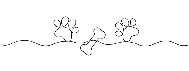 Drawing of a dog's paw and bone with a continuous line. Paw print with bone with one editable line. Vector illustration. © Sviatlana