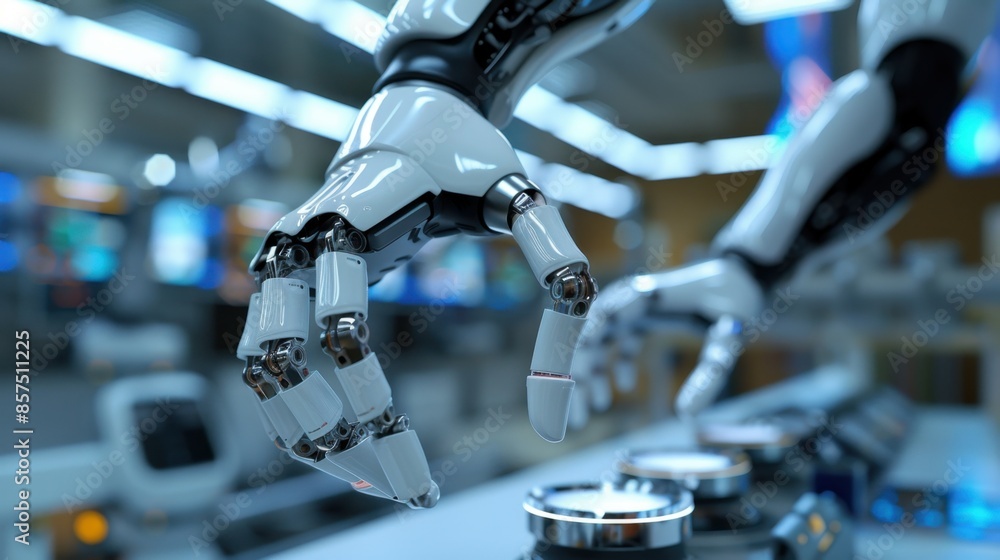 Poster close-up of a robotic hand with intricate mechanical details, showcasing the advanced technology of 