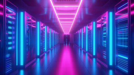 Neon-lit server room with futuristic lighting, high-tech concept